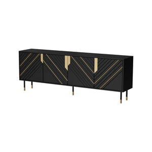 Credenza Landiona, Madia da salotto con quattro ante battenti e vani interni, Rialzata da terra, 204x40 h72 cm, Nero e Oro