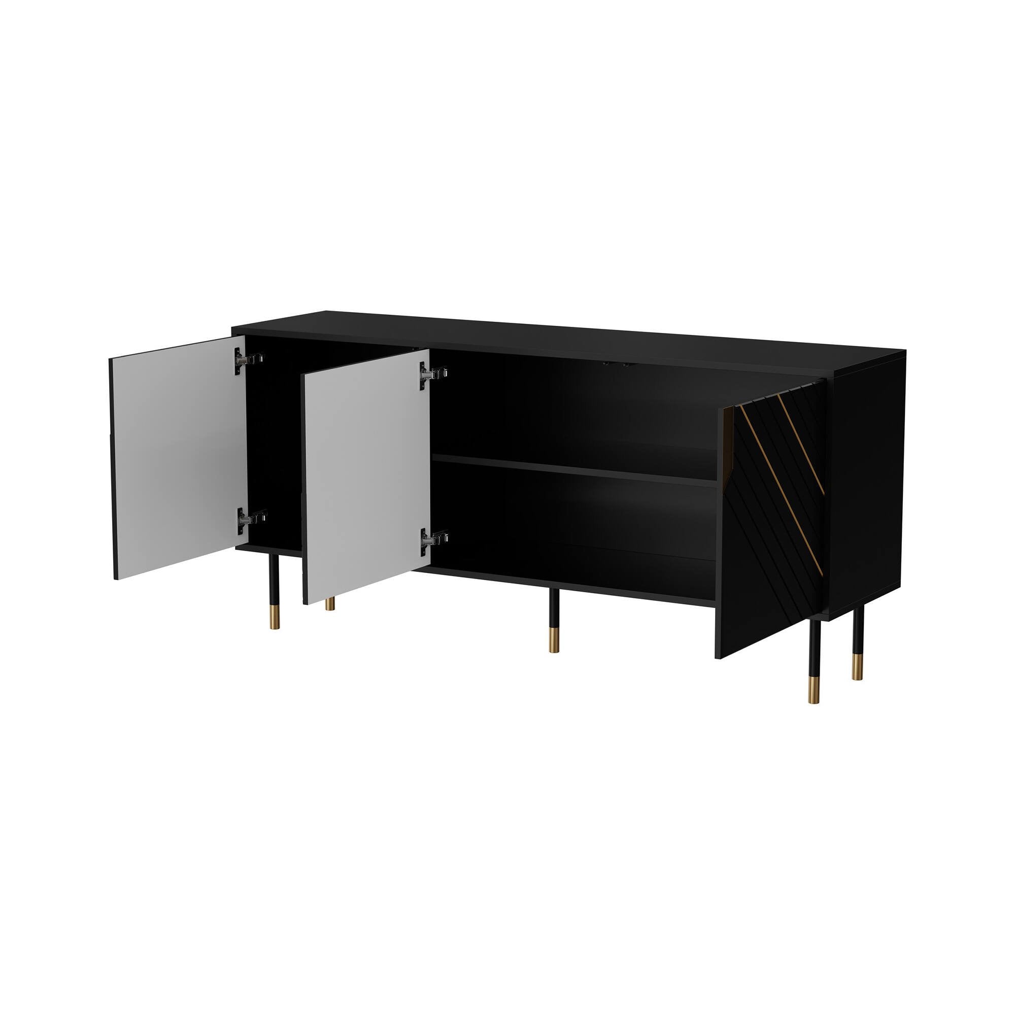 Credenza Cossogno, Madia da salotto con tre ante battenti e vani interni, Rialzata da terra, 154x40 h72 cm, Nero e Oro