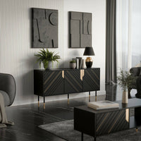 Credenza Cossogno, Madia da salotto con tre ante battenti e vani interni, Rialzata da terra, 154x40 h72 cm, Nero e Oro