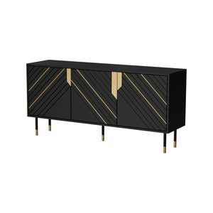 Credenza Cossogno, Madia da salotto con tre ante battenti e vani interni, Rialzata da terra, 154x40 h72 cm, Nero e Oro