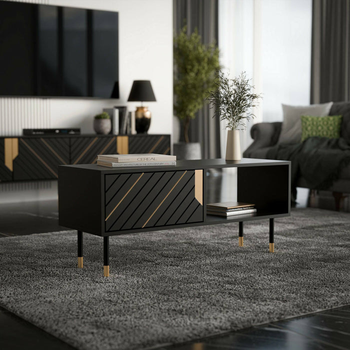 Tavolino da salotto, Con due vani contenitore e ante a ribalta, Rialzato da terra, 110x60 h46 cm, Nero e Oro