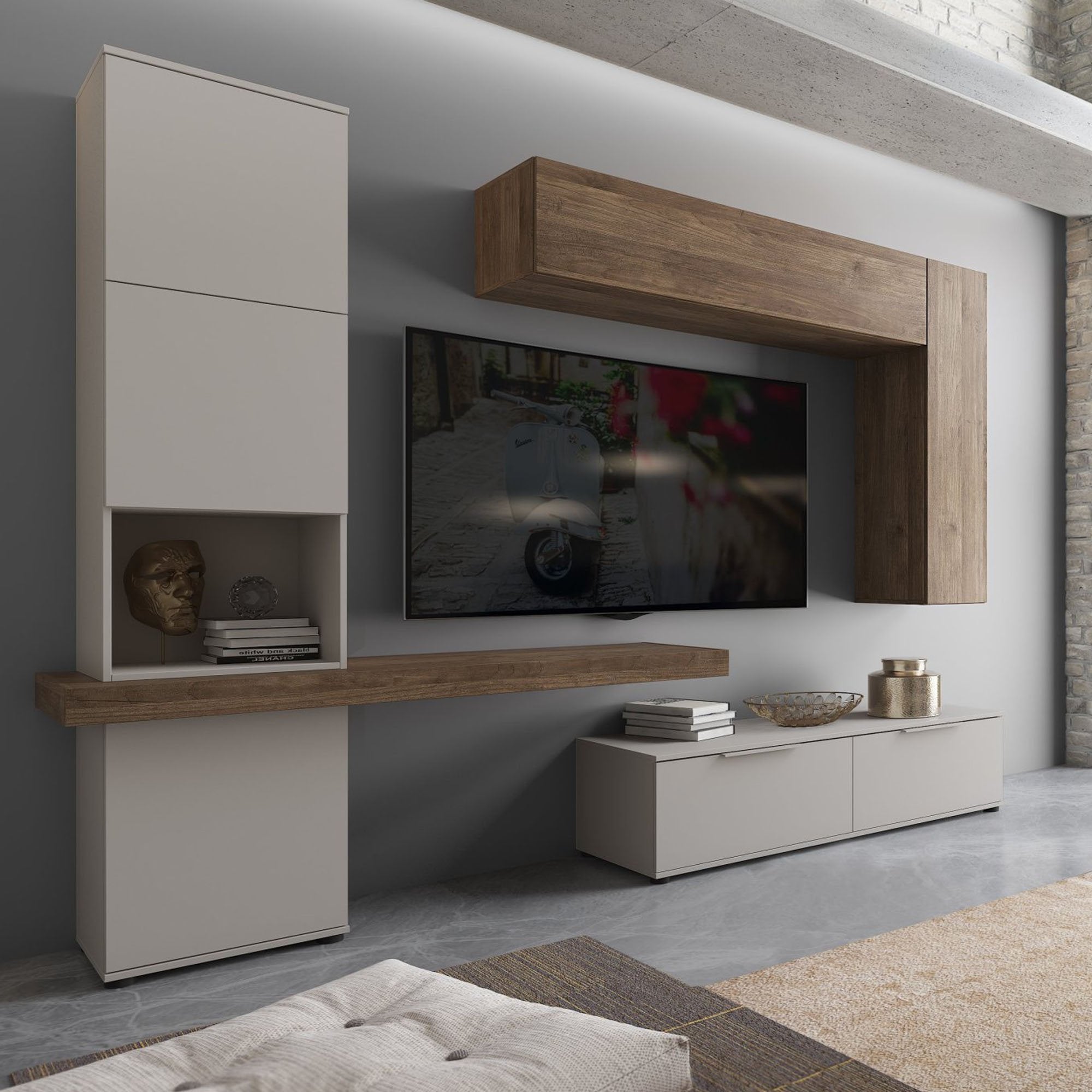Mobile Soggiorno Riccia, Parete Attrezzata Modulabile, Beige