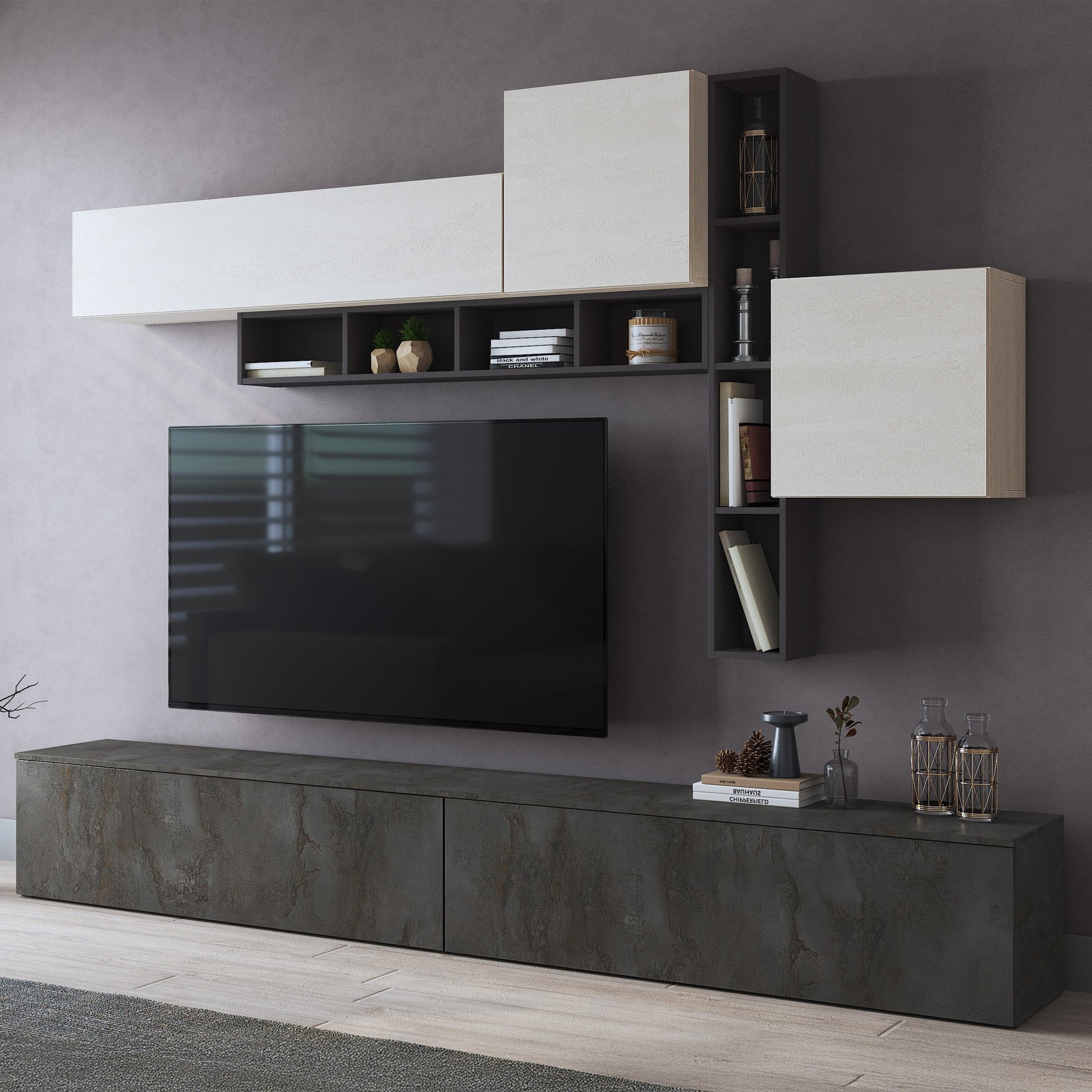 Mobile Soggiorno Ippona, Parete Attrezzata 5 Ripiani, Nero Antracite