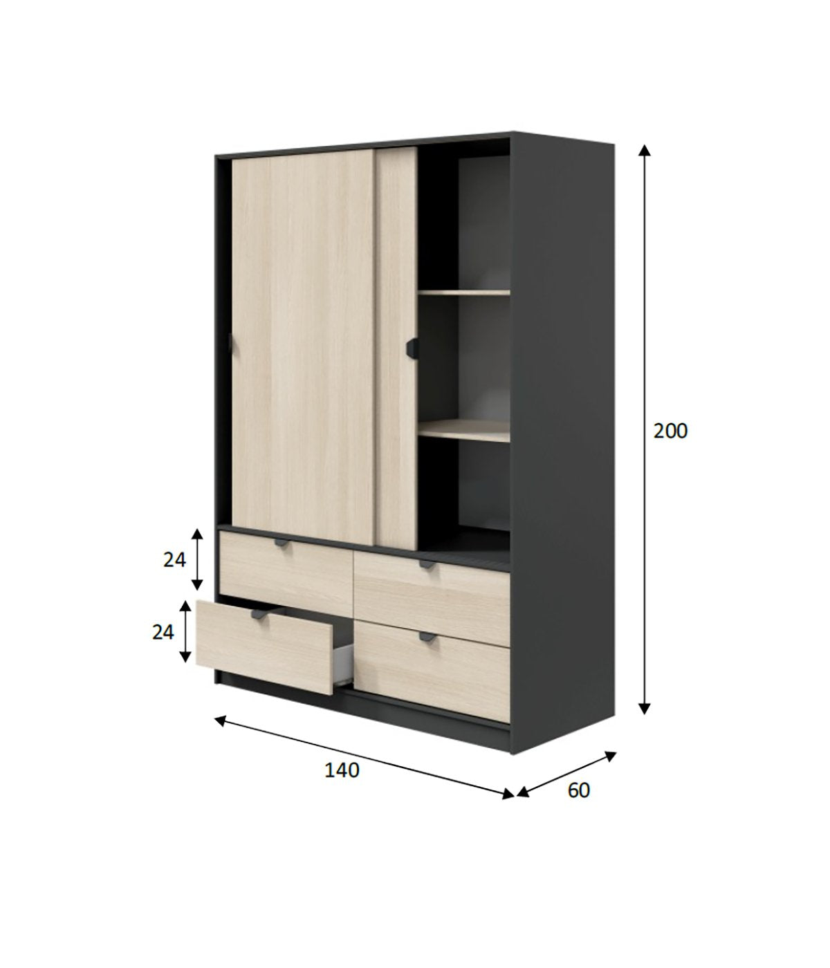Armadio Camera da Letto Ponna, Guardaroba 2 Ante Appendiabiti, 60x200h cm Grigio Antracite