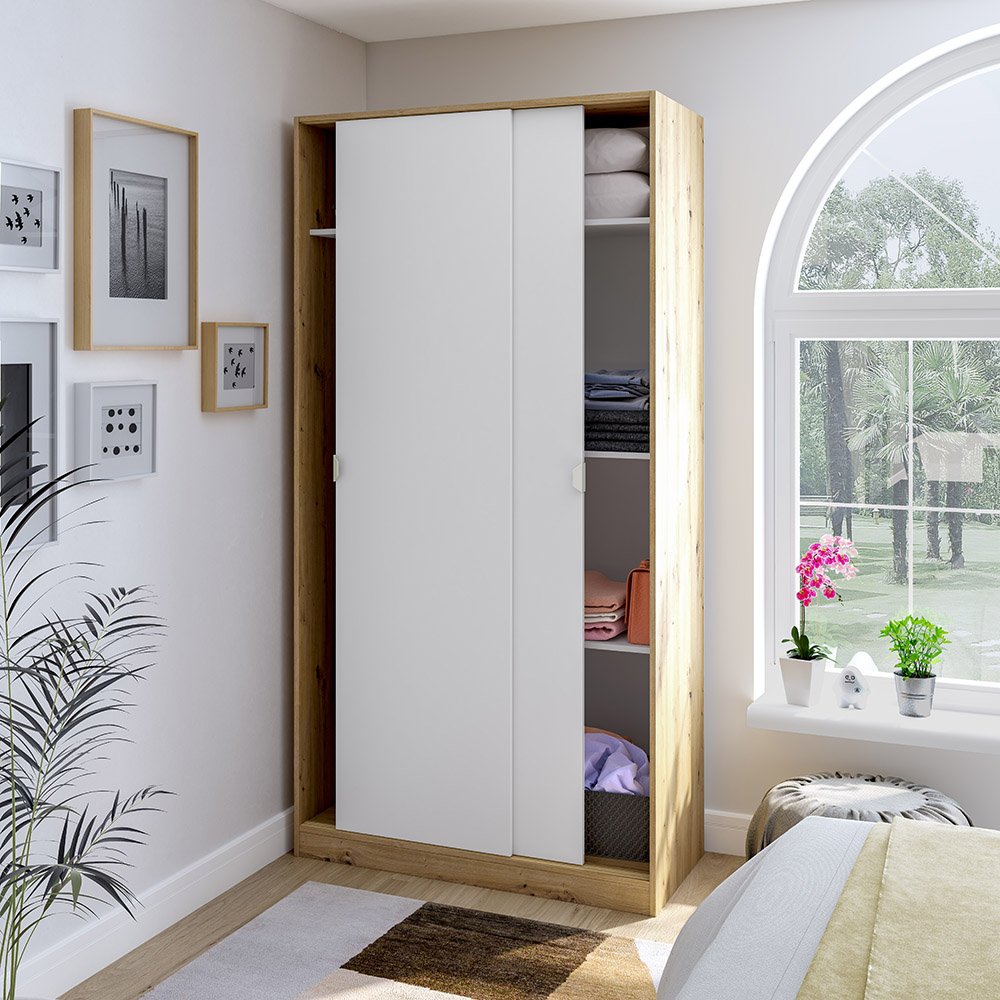 Armadio Camera da Letto Orgosolo, Guardaroba 2 Ante 4 Ripiani, 50x200h cm Marrone Rovere Nodi