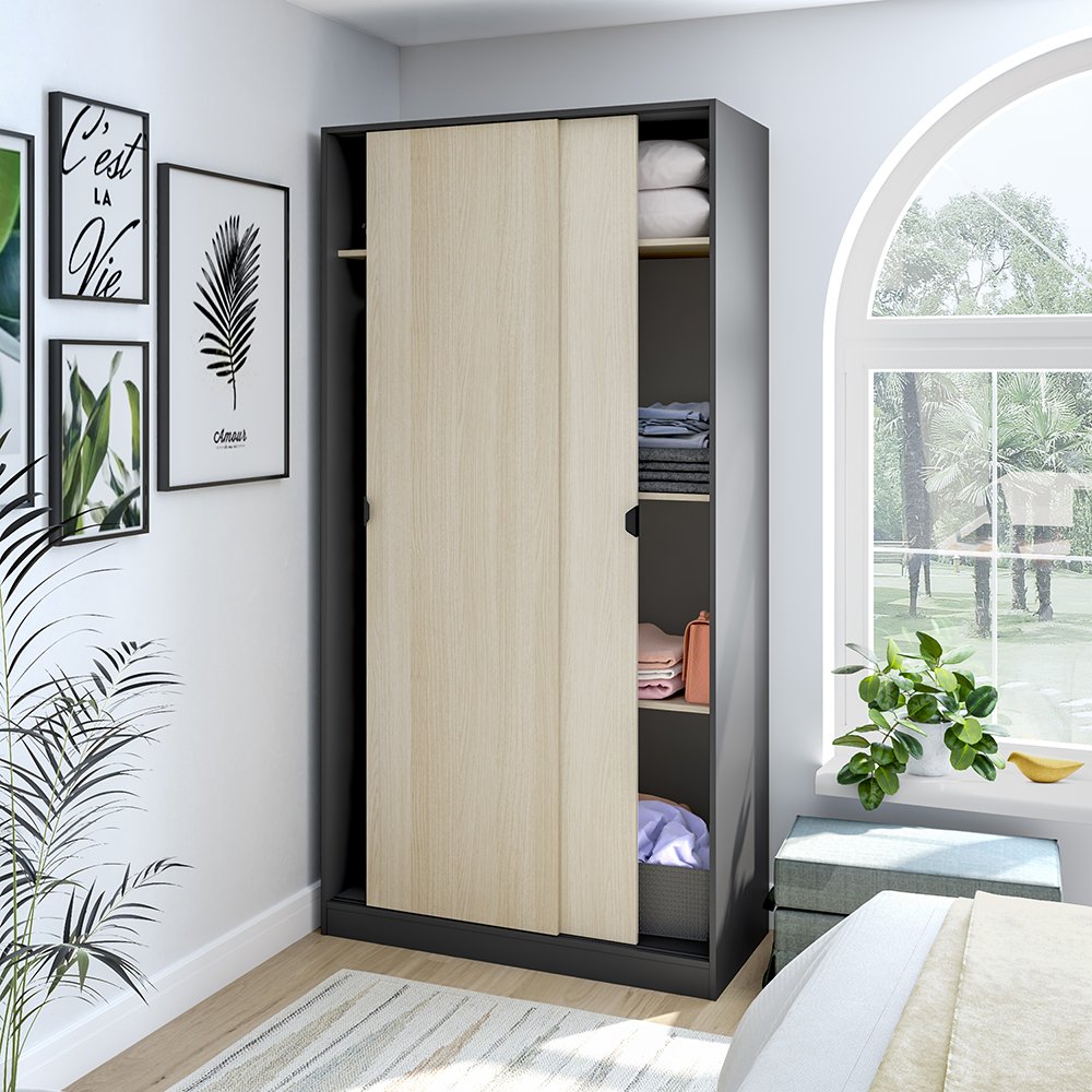 Armadio Camera da Letto Orgosolo, Guardaroba 2 Ante 4 Ripiani, 50x200h cm Grigio Antracite