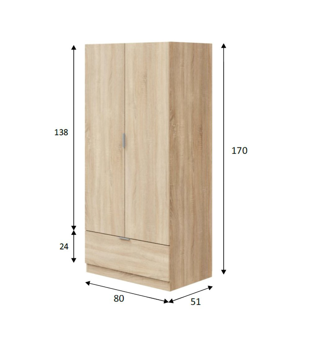Armadio Camera da Letto Budoia, Guardaroba 2 Ante Appendiabiti, 51x170h cm Marrone Rovere