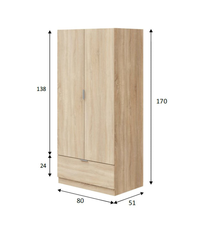 Armadio Camera da Letto Budoia, Guardaroba 2 Ante Appendiabiti, 51x170h cm Marrone Rovere