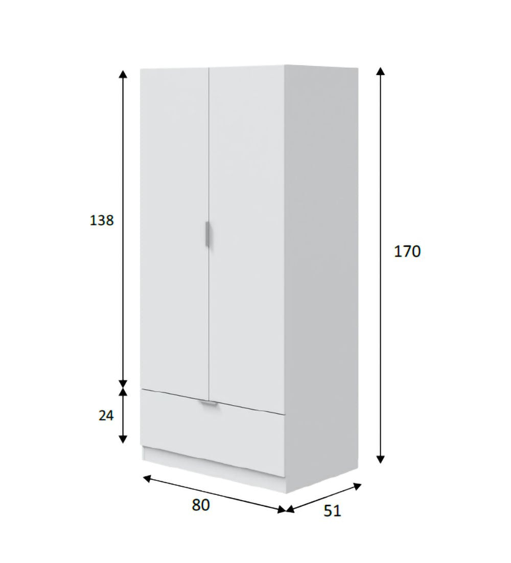 Armadio Camera da Letto Budoia, Guardaroba 2 Ante Appendiabiti, 51x170h cm Bianco