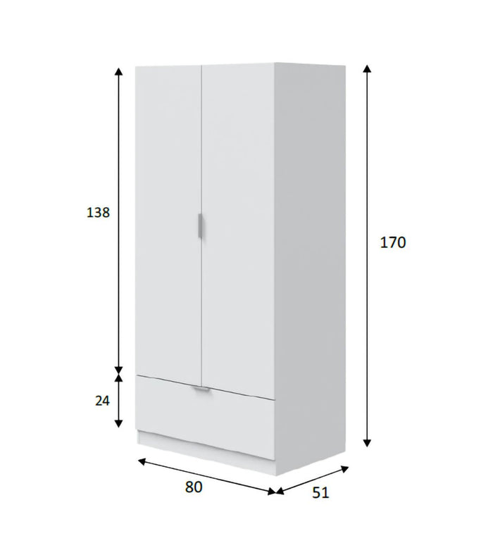 Armadio Camera da Letto Budoia, Guardaroba 2 Ante Appendiabiti, 51x170h cm Bianco
