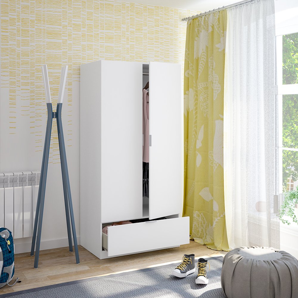 Armadio Camera da Letto Budoia, Guardaroba 2 Ante Appendiabiti, 51x170h cm Bianco