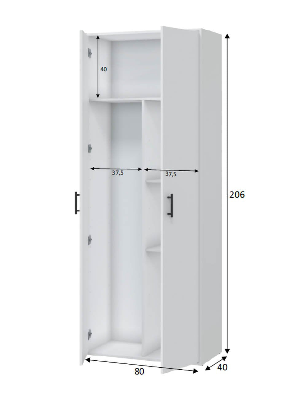 Mileto, Armadio Multiuso 2 Ante 3 Ripiani, 40x206h cm Bianco
