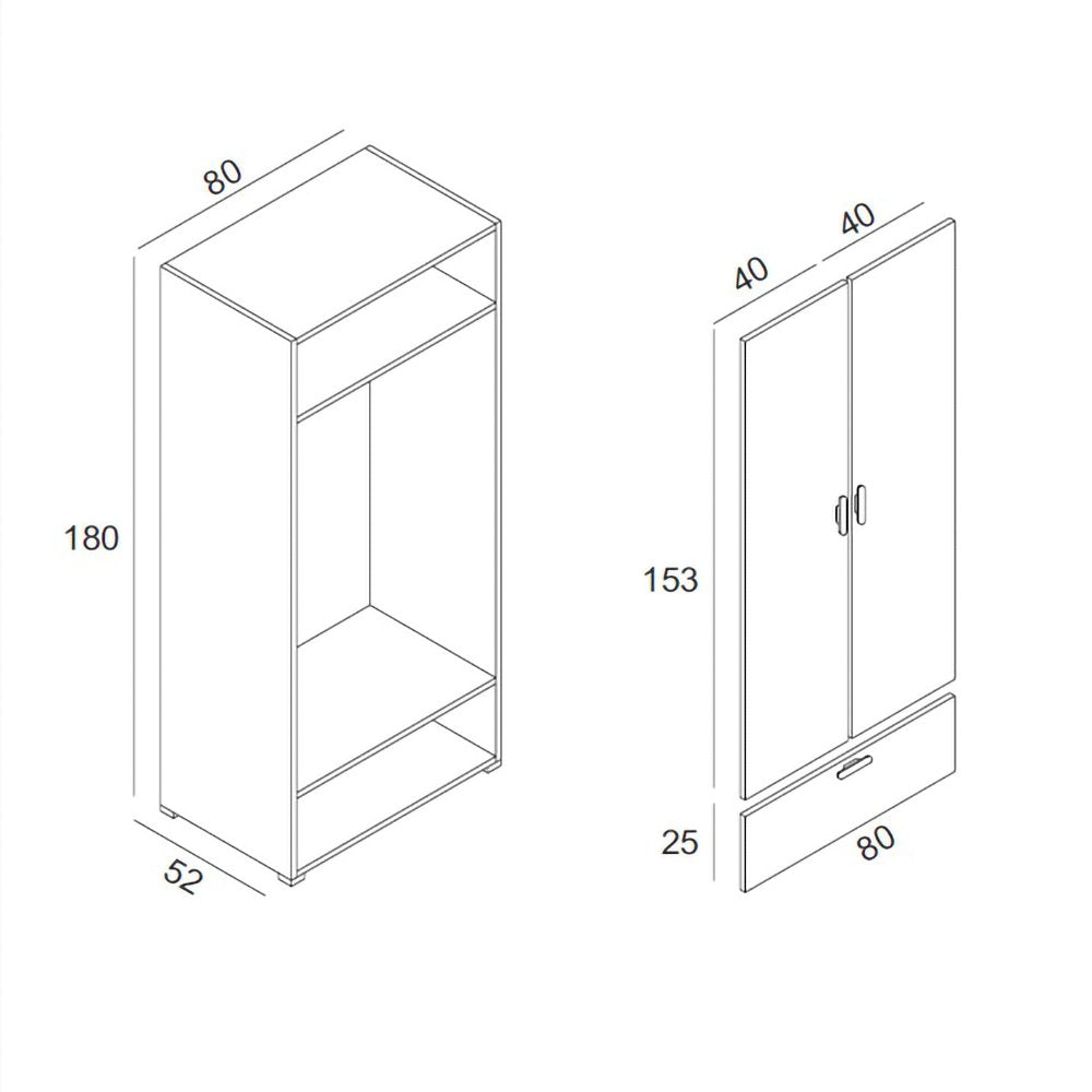 Armadio Camera da Letto Centaurea, Guardaroba 2 Ante Appendiabiti Made in Italy, 52.00x180.00h cm Bianco