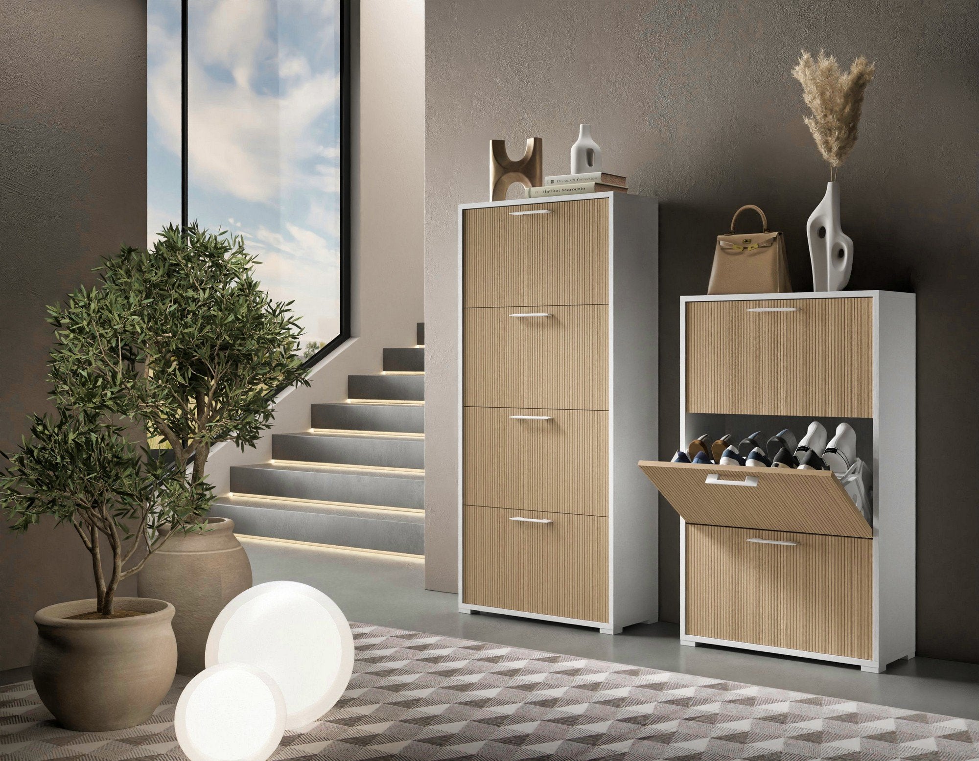 Scarpiera Dodecatheon, Mobile Portascarpe Bianco Cannettato 28.00x67.00x112.00h cm