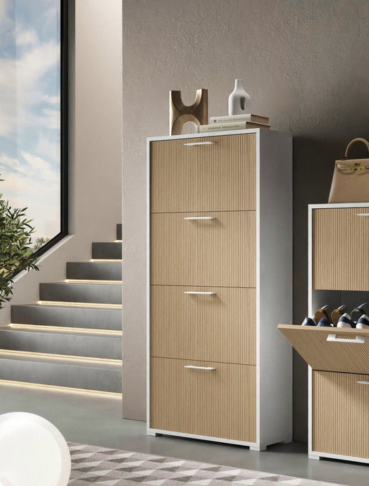 Mobile Portascarpe Aristolochia, Scarpiera Cassetti Made in Italy, 28.00x67.00x147.00h cm Bianco Cannettato