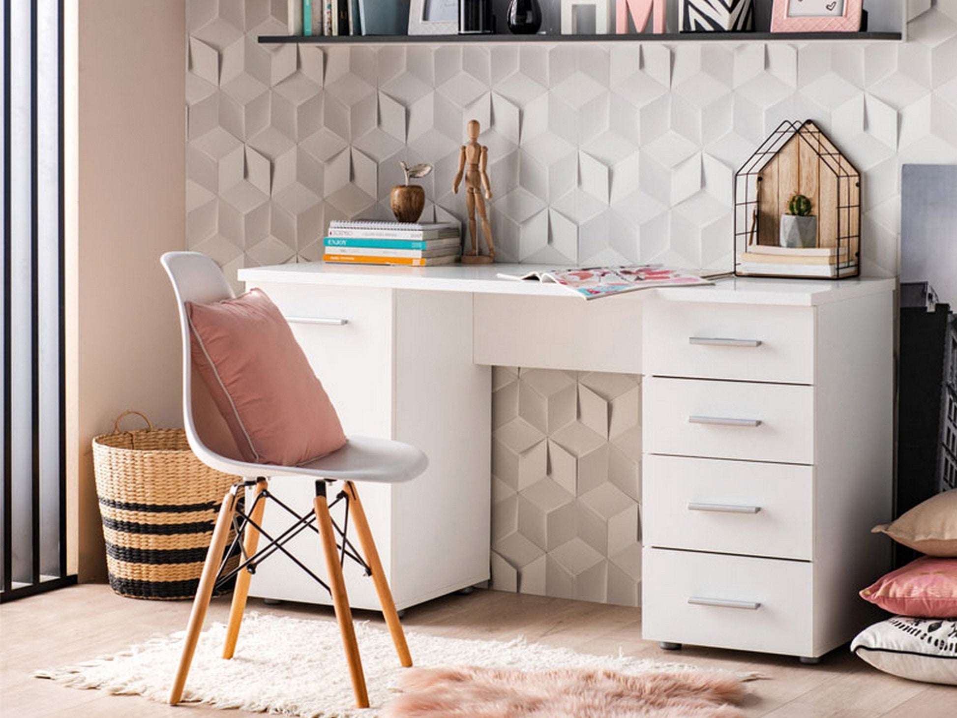 Flaminio, Scrivania 2 Ripiani, 135x50x75.5h cm Bianco