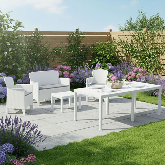 Salottino Outdoor Domaso, set Salotto da Esterno Salottino 4 Posti, Tavolo 10 Posti Posti Made in Italy, Bianco