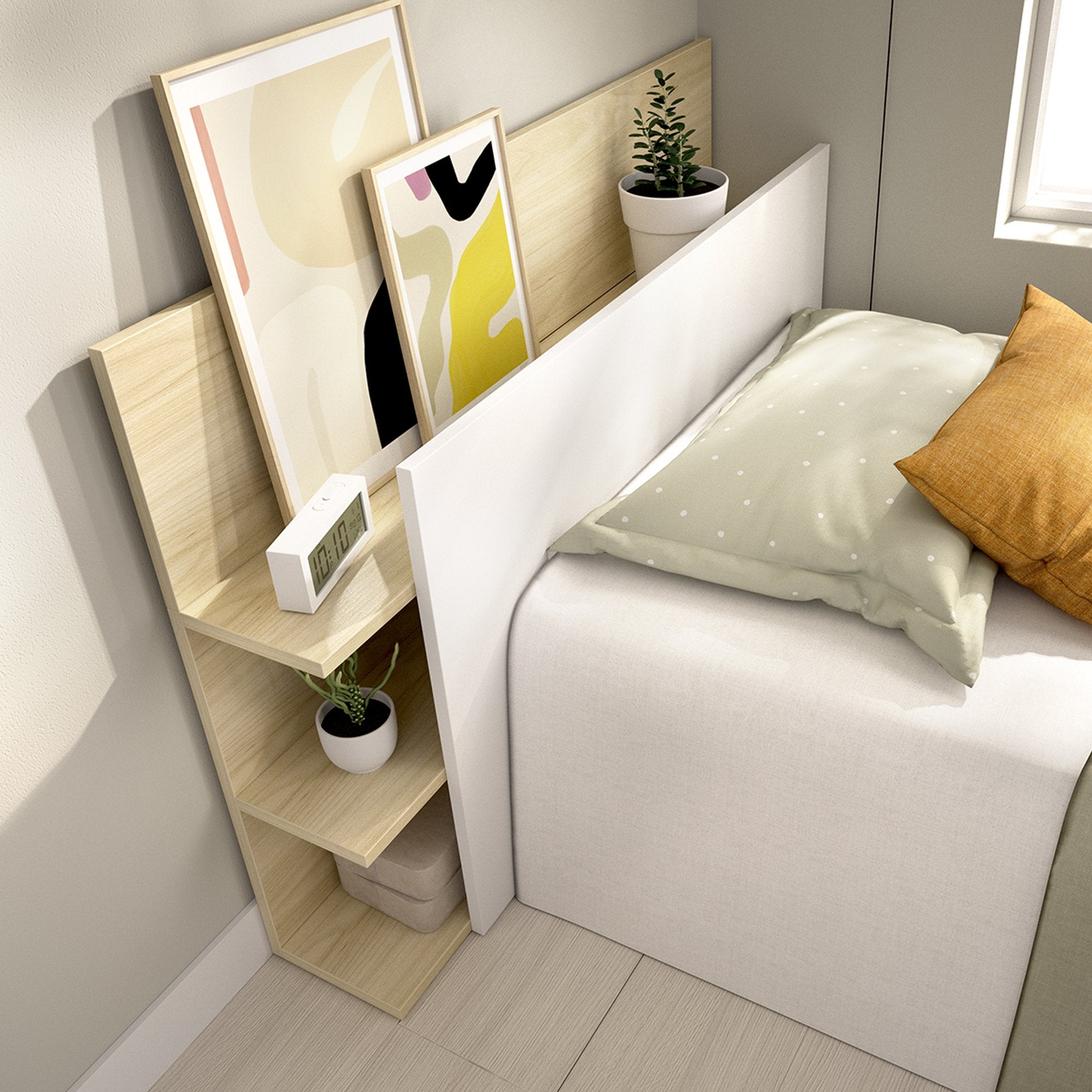 Minden, Testiera Letto Vani Libreria, 19x105 cm Bianco