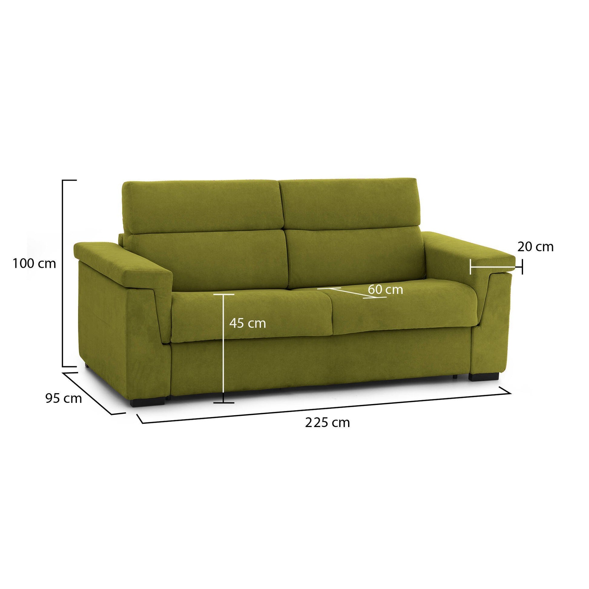 Cantu, Divano Fisso 3 Posti Sfoderabile Made in Italy, 225x95 cm Verde