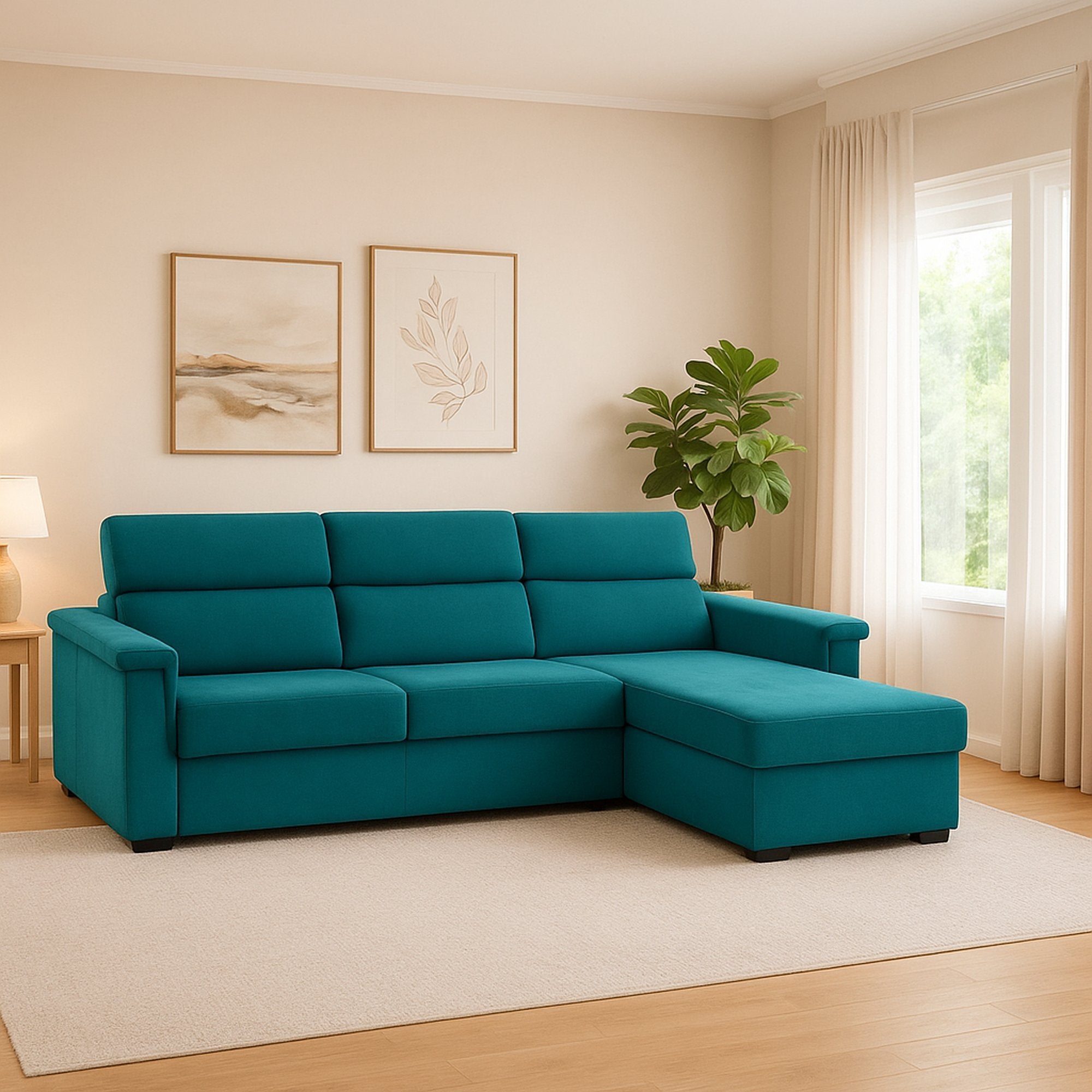 Cintano, Divano Fisso con Penisola Sfoderabile Made in Italy, 285x160 cm Azzurro