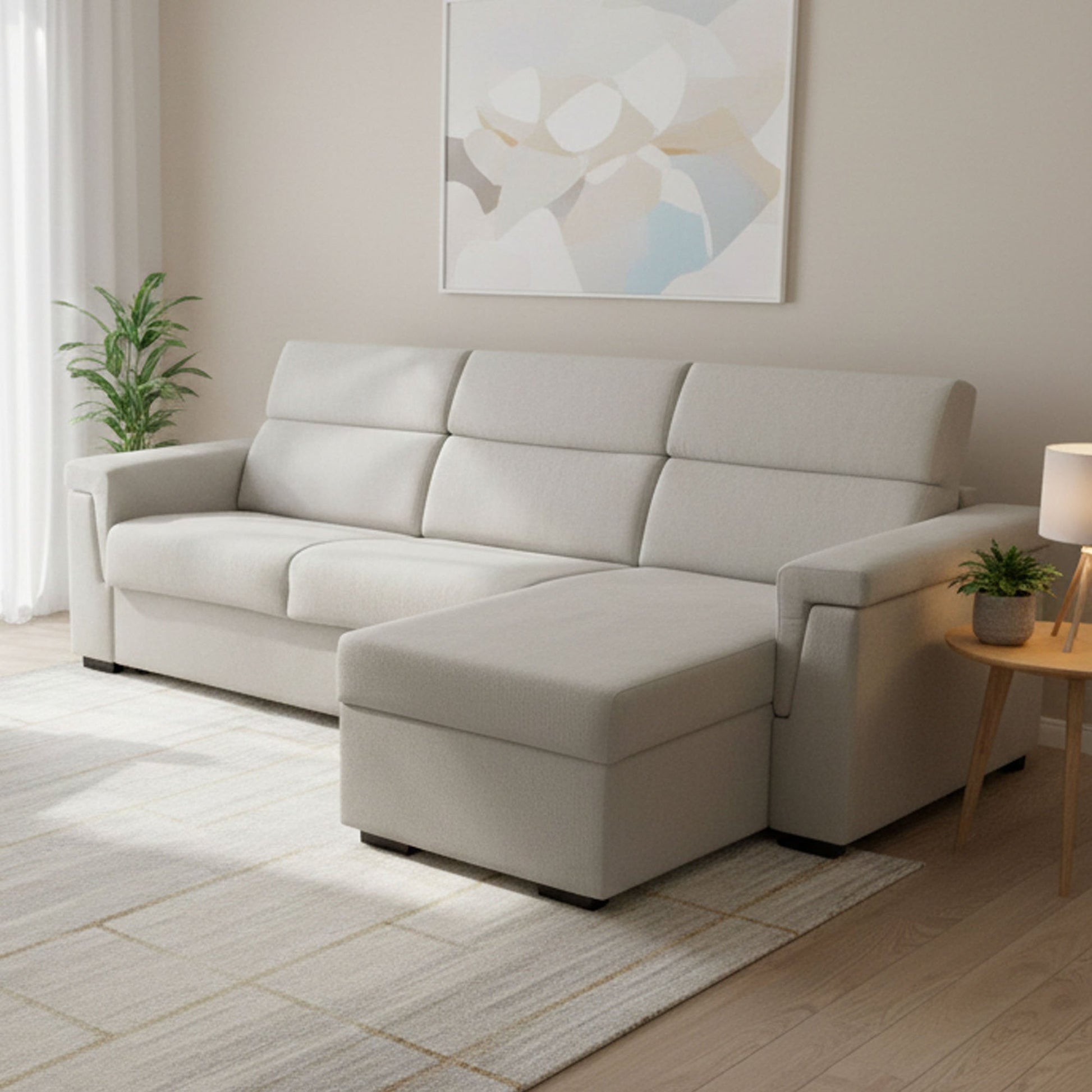 Ganzaria, Divano Letto con Penisola Sfoderabile Made in Italy, 285x160 cm Beige