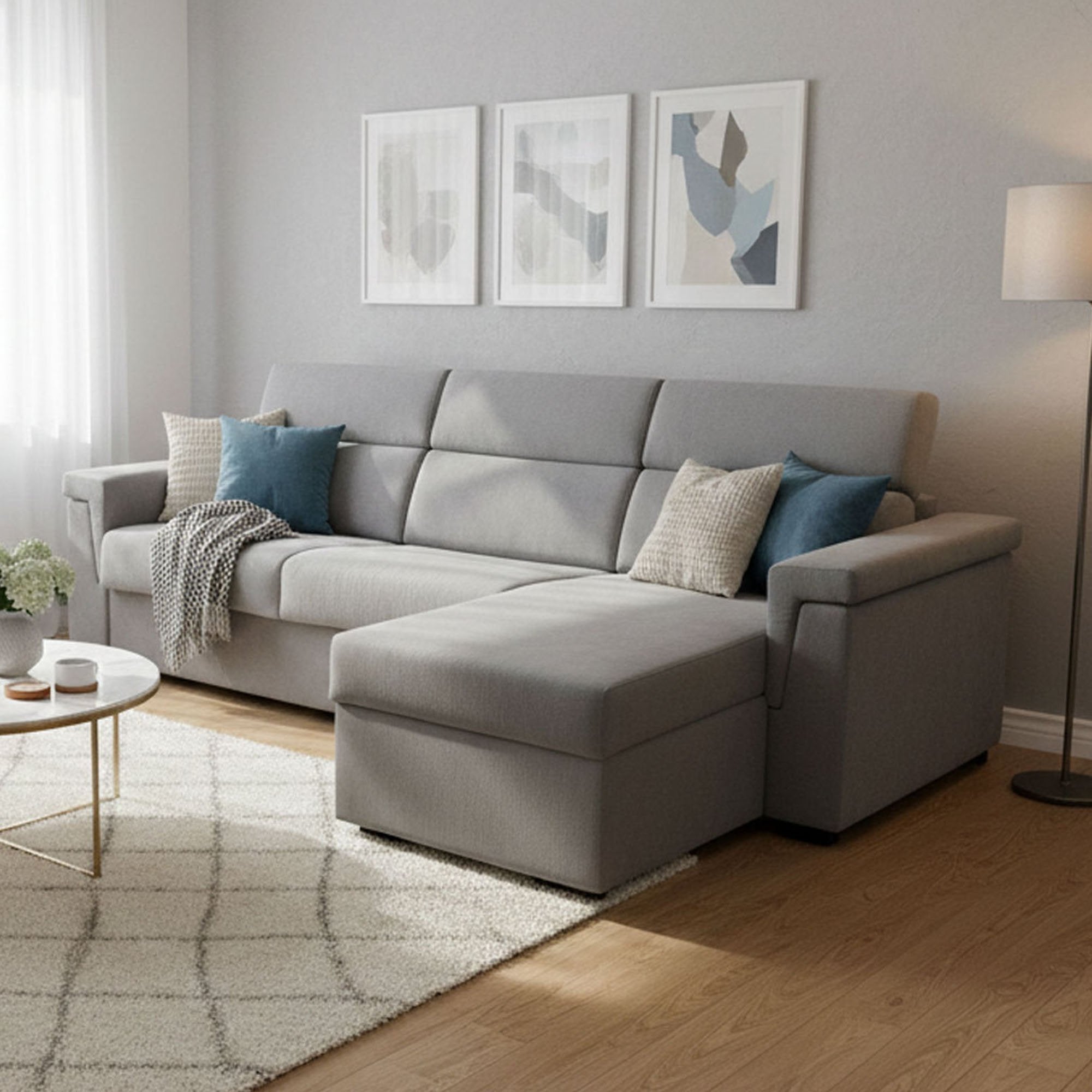 Ganzaria, Divano Letto con Penisola Sfoderabile Made in Italy, 285x160 cm Grigio