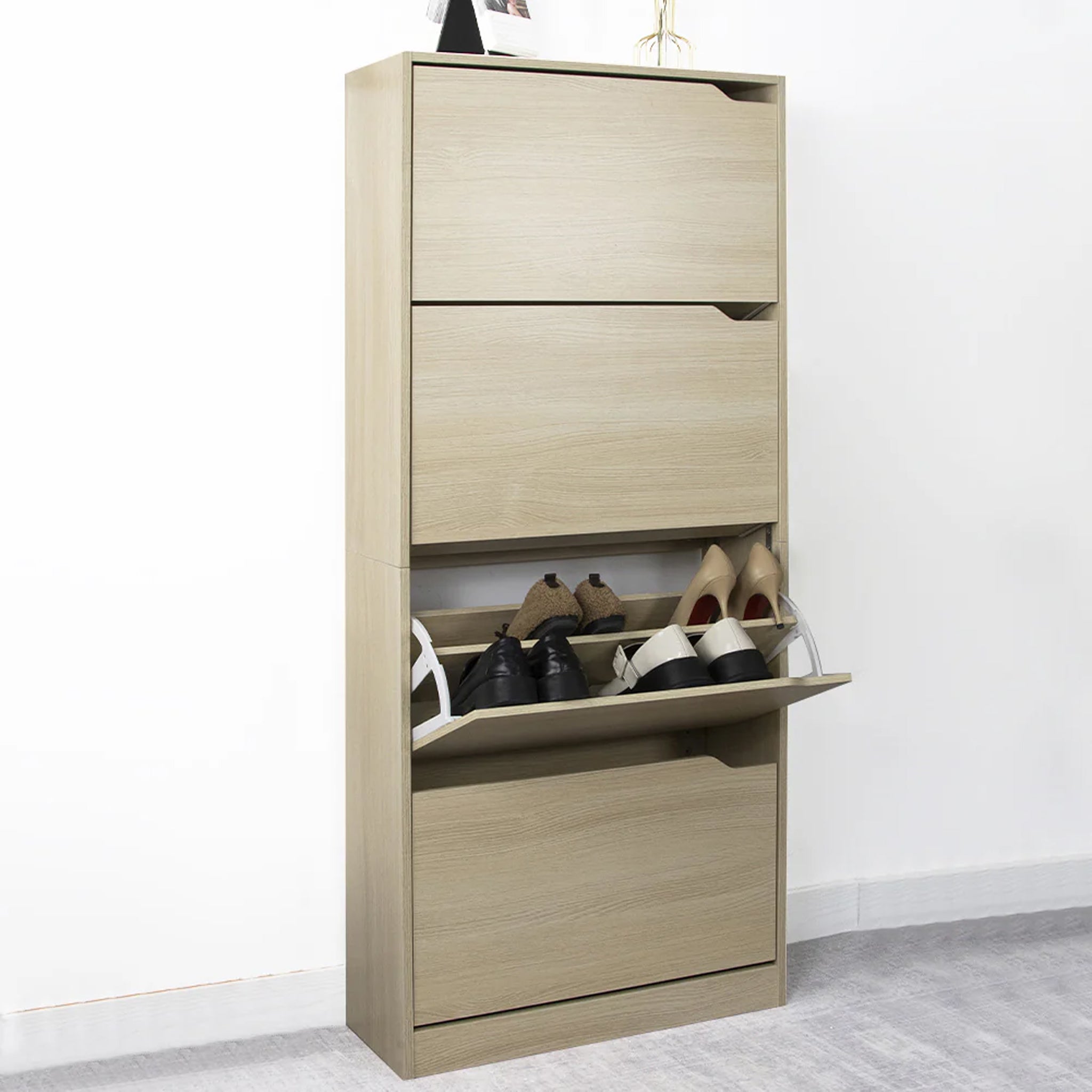 Scarpiera Salvaspazio A 4 Ante Portascarpe In Legno 63x24x150 Olmo