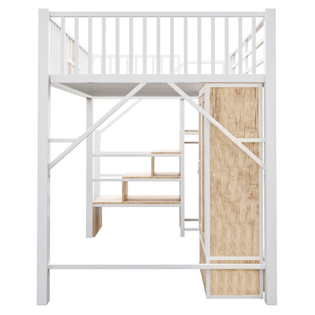 Letto a soppalco 140x200 cm con armadio; cassetto e scala contenitore; bianco