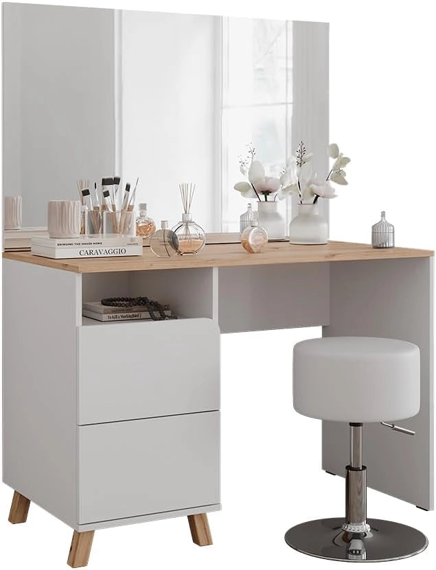 Tavolo da toeletta Karen, Bianco/Artisan, 110 cm con sgabello, Materiali robusti per un utilizzo duraturo