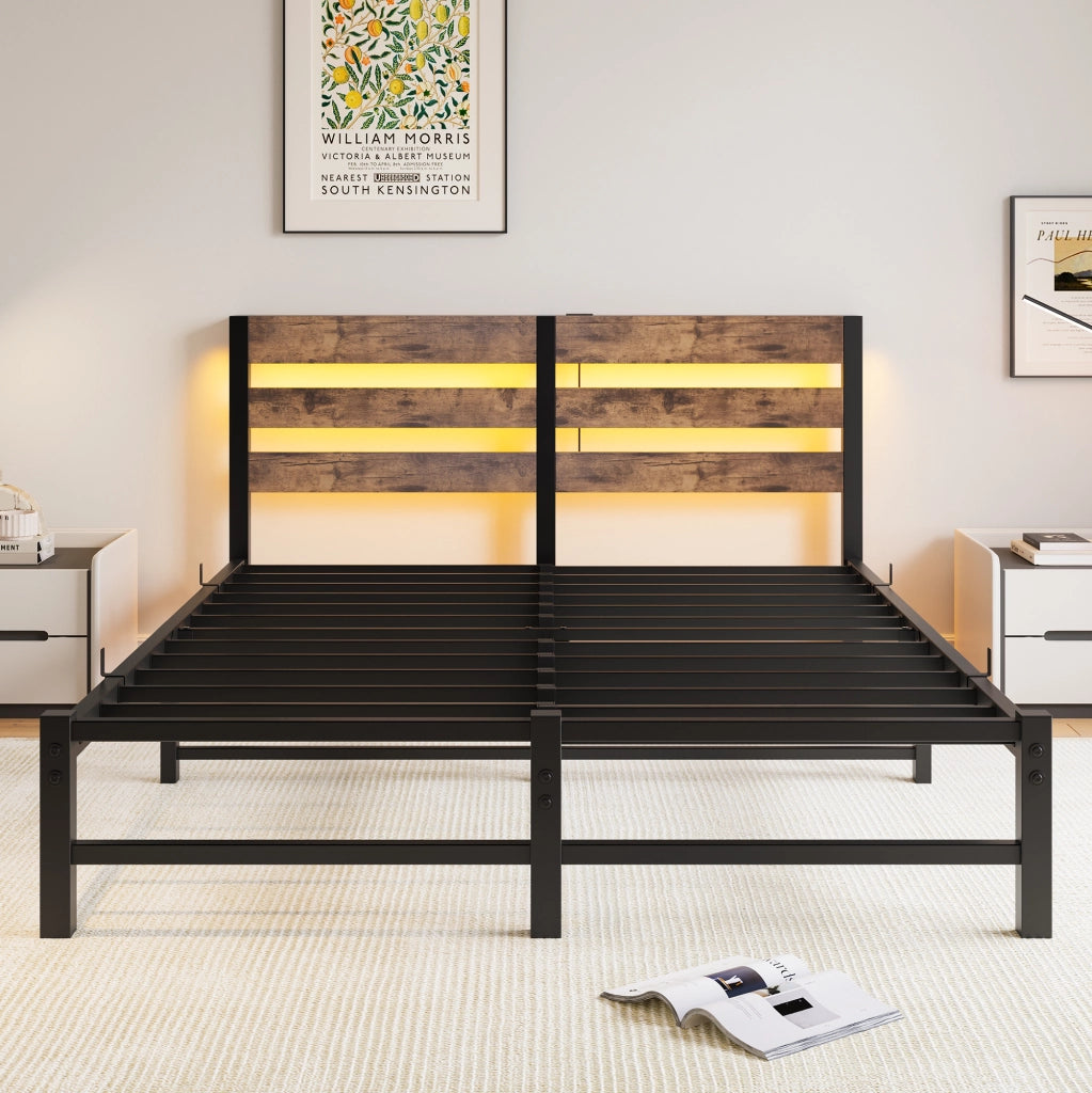 Letto matrimoniale 140 × 200 cm con LED RGB, 2 USB, contenitore sotto il letto et senza materasso, nero marrone