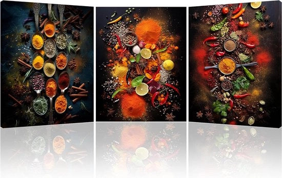 Afbeelding di Specerijen su tela - Lepel poster per cucina - Moderne stampe d'arte per sala da pranzo - 3 pannelli 30 x 40 cm