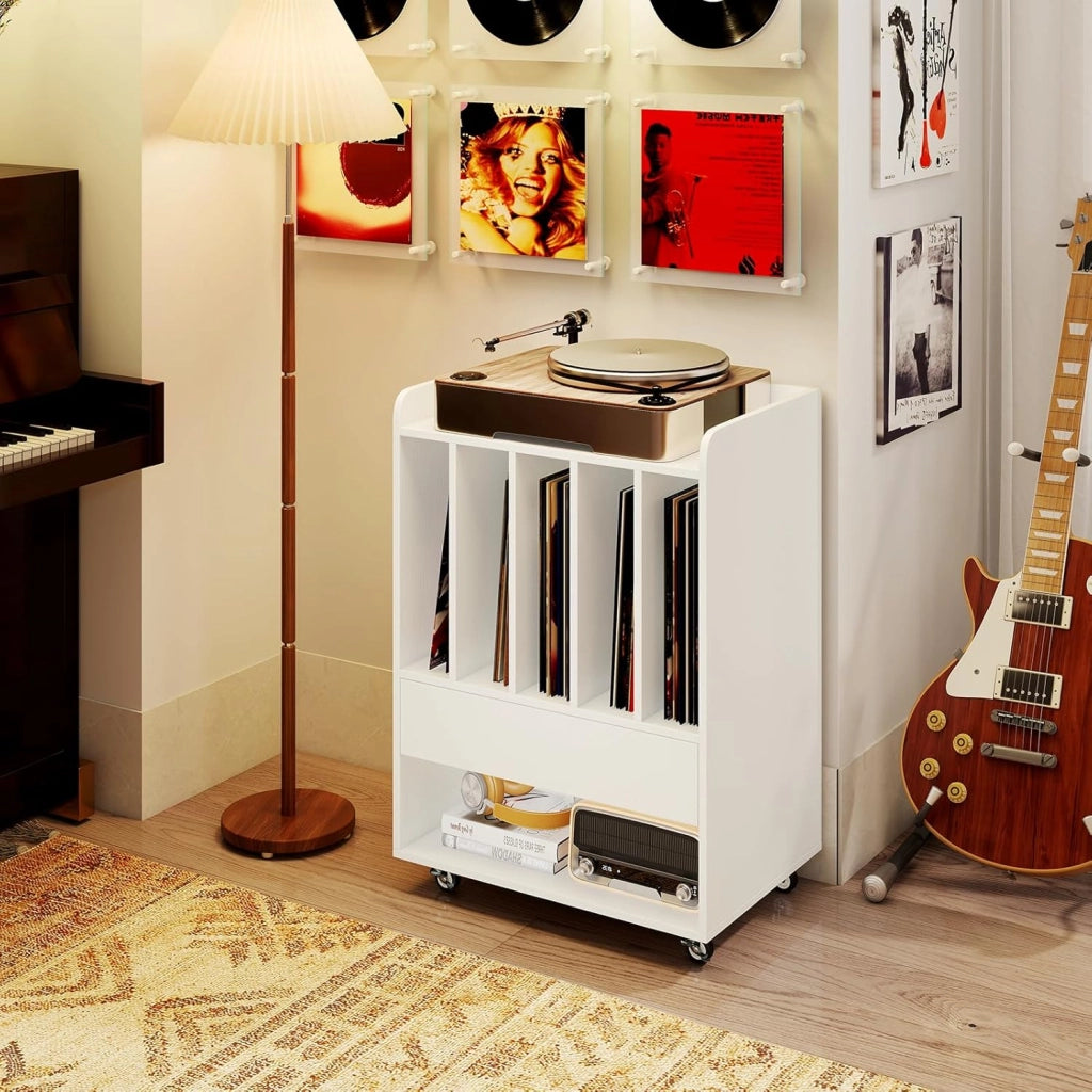 Mobile Porta Vinili con 4 Ruote Universali, Porta Dischi Vinile con Cassetto, Scomparto Aperto e Gancio Rimovibile, Mobile Giradischi Salvaspazio per Studio, Ufficio e Soggiorno (Bianco)