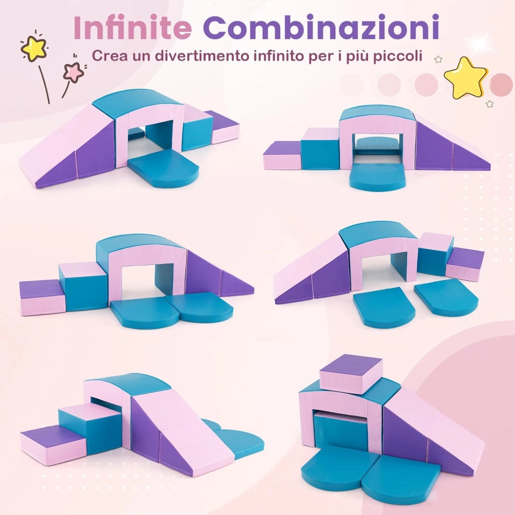 6 Blocchi di Schiuma per Arrampicata, Gioco Morbido per Bambini, Set di Costruzioni Colorate per Arrampicarsi e Strisciare con Tunnel, Scale e Rampetta per Bambini 12 Mesi + (Blu)