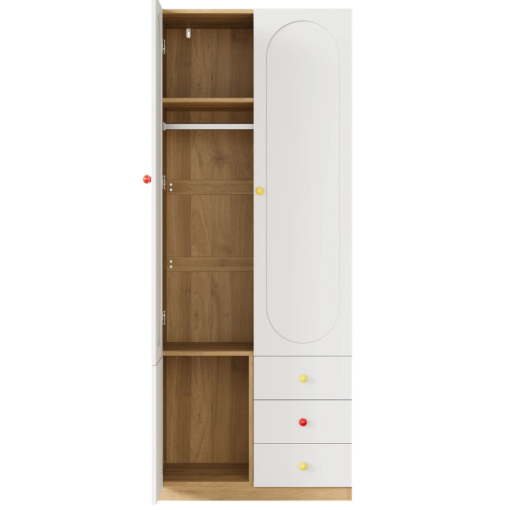 Armadio per bambini, 3 cassetti, maniglie in ceramica colorata, finitura effetto legno, bianco