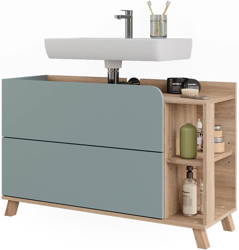 Mobiletto per lavabo Karen, Sonoma/blu, 100 x 65 cm con 2 cassetti, per montaggio sotto il lavabo con apertura per sifone