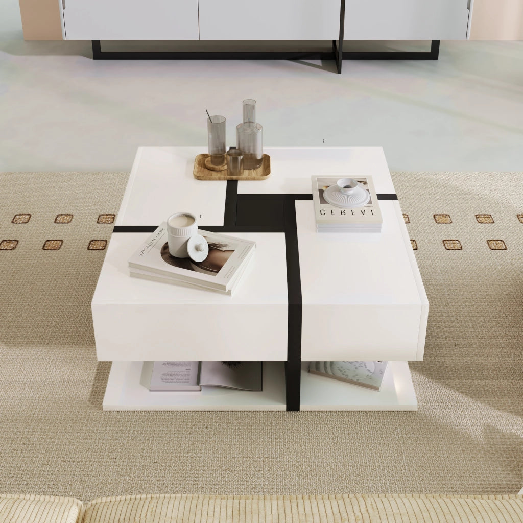 Tavolino da Caffè Quadrato con 4 Cassetti e Ripiano; Design a Linee; Bianco Lucido; in Pannello Truciolare; Bianco; 78×78×36 cm
