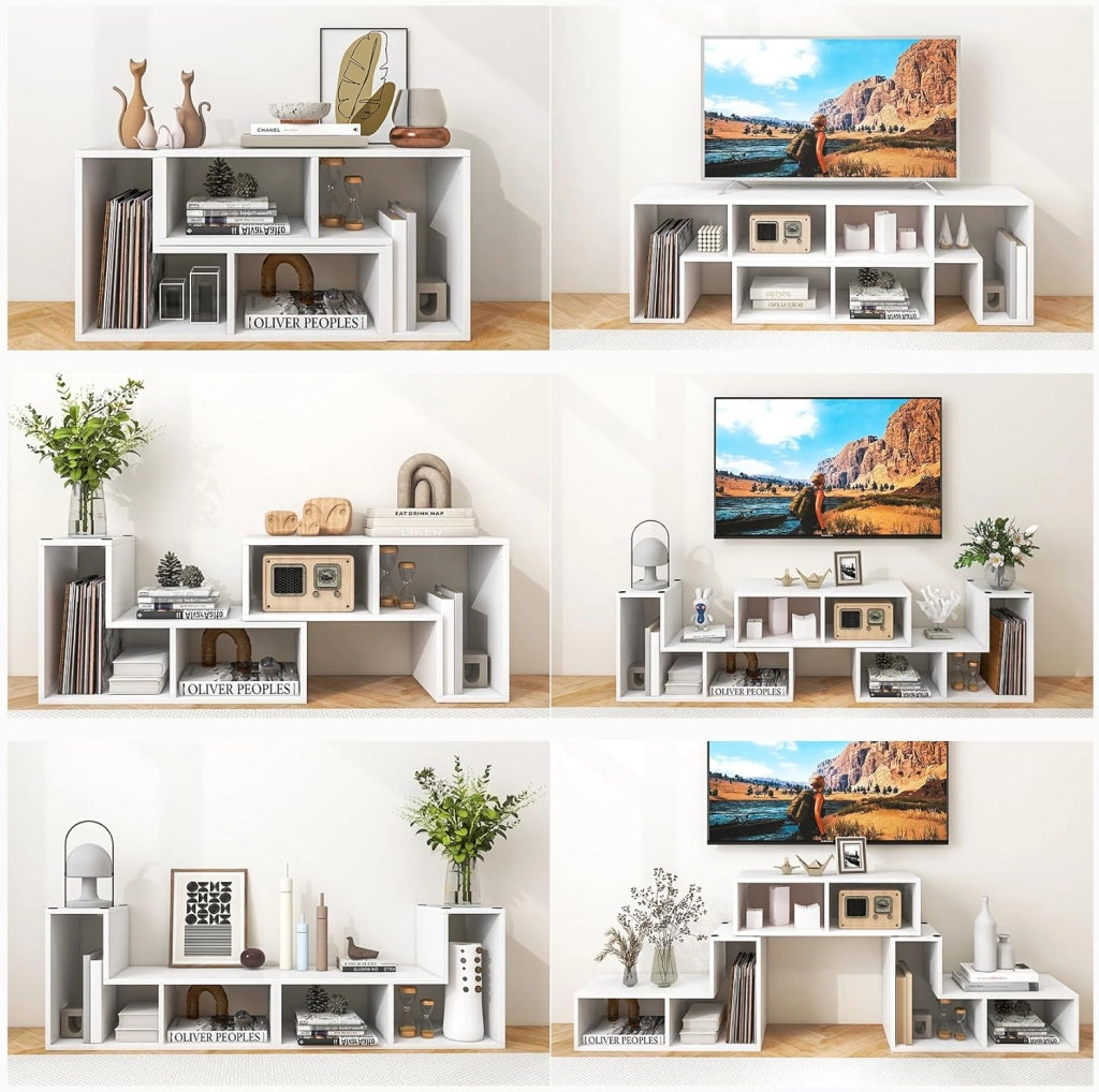 Mobile Porta TV Combinabile con Ripiani Aperti, per TV Fino a 65 Pollici, Mobile TV di Legno per Camera da Letto, Soggiorno, Capacità di Carico Massima 80 kg, 134-180 x 30 x 43 cm (Bianco)