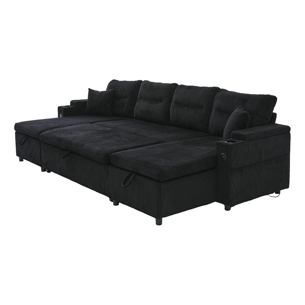 Divano moderno in velluto per 4 persone - Xylo - Chaise longue, spazio di archiviazione, porta bevande, porte USB, funzione letto, Nero