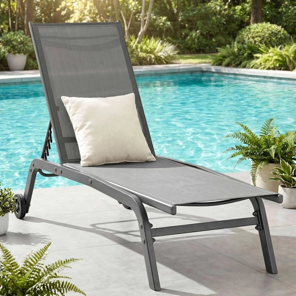 Set di 1 lettino da giardino con ruote, resistente alle intemperie, schienale regolabile in 5 posizioni, per esterni, portata fino a 120 kg, per giardino, piscina, balcone, terrazza, grigio