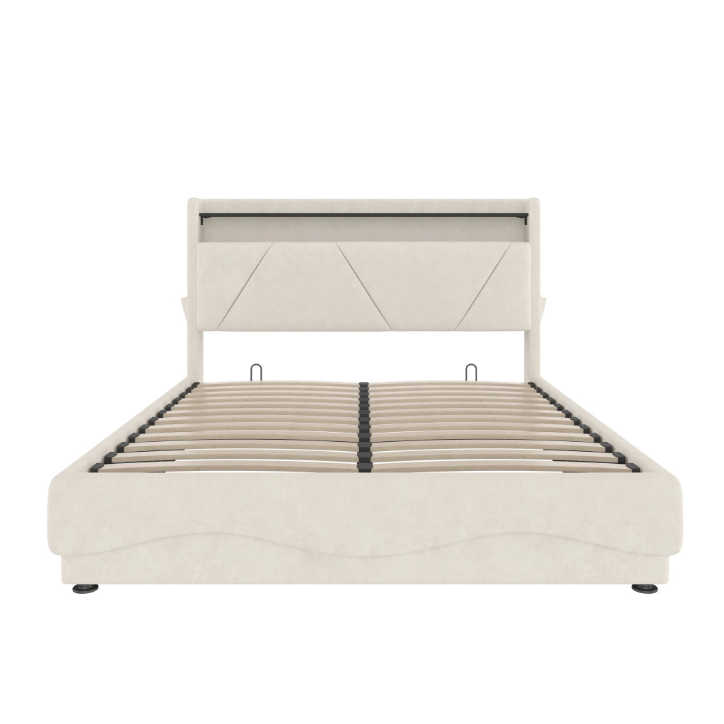 Letti contenitori 140x200 cm; testiera con ripiano e LED; velluto beige (Senza materasso)