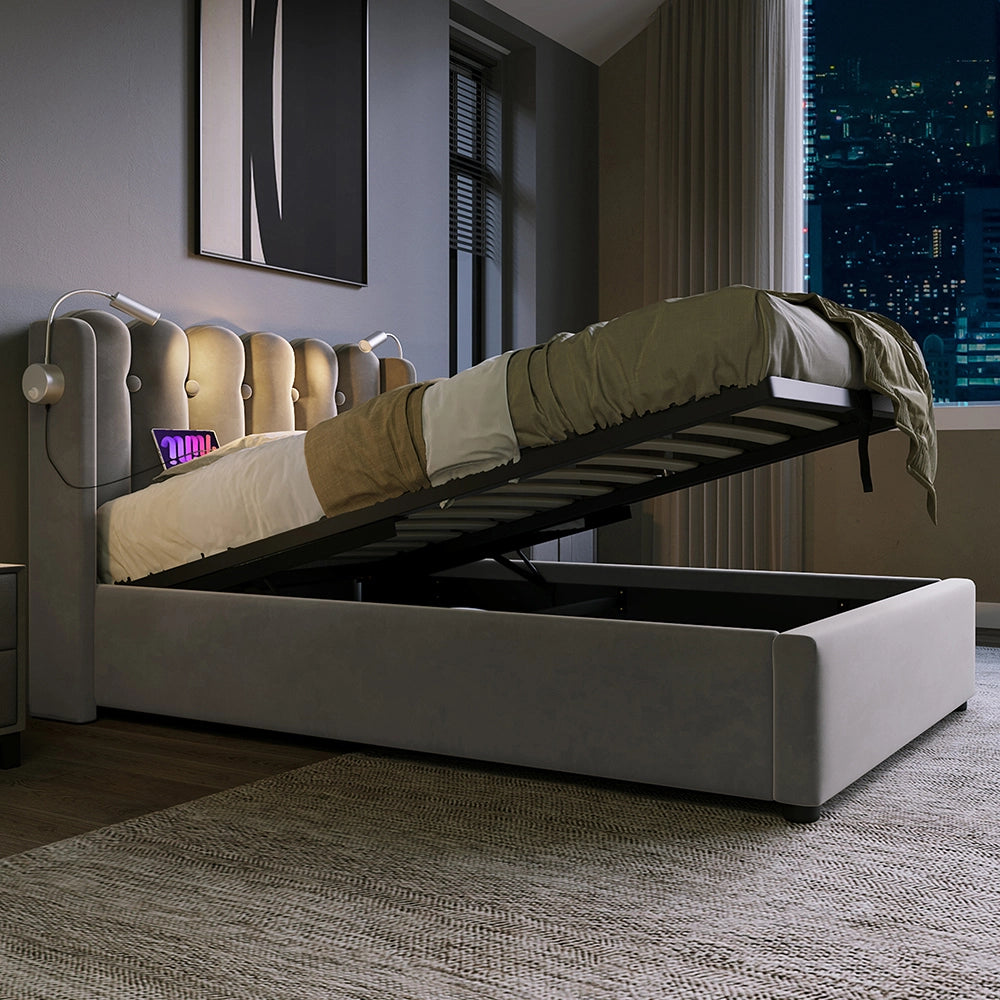 Lit semplice imbottito con testiera - Xylo - 90x200 cm - Grigio - Spazio di archiviazione