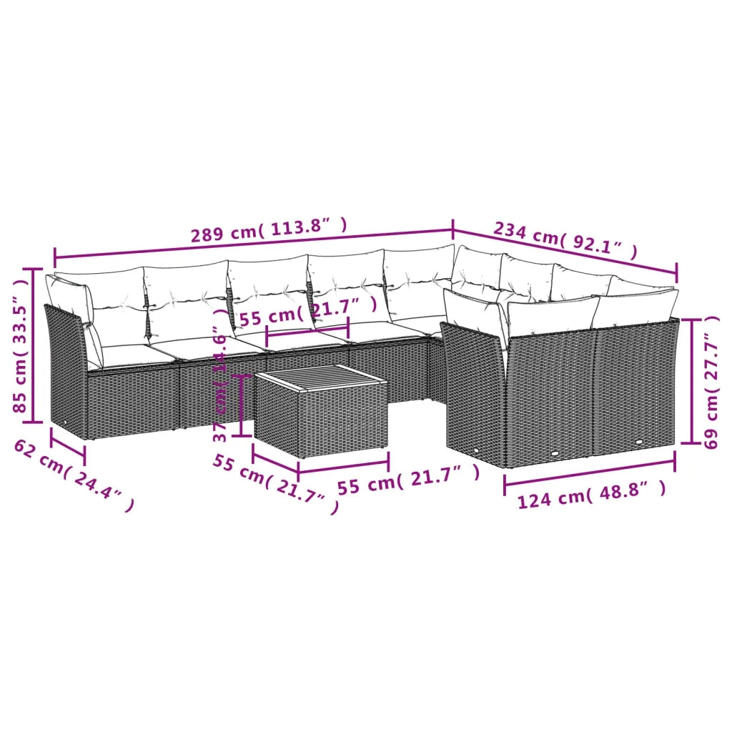 Set Divano da Giardino 10 pz con Cuscini Grigio in Polyrattan 3223820