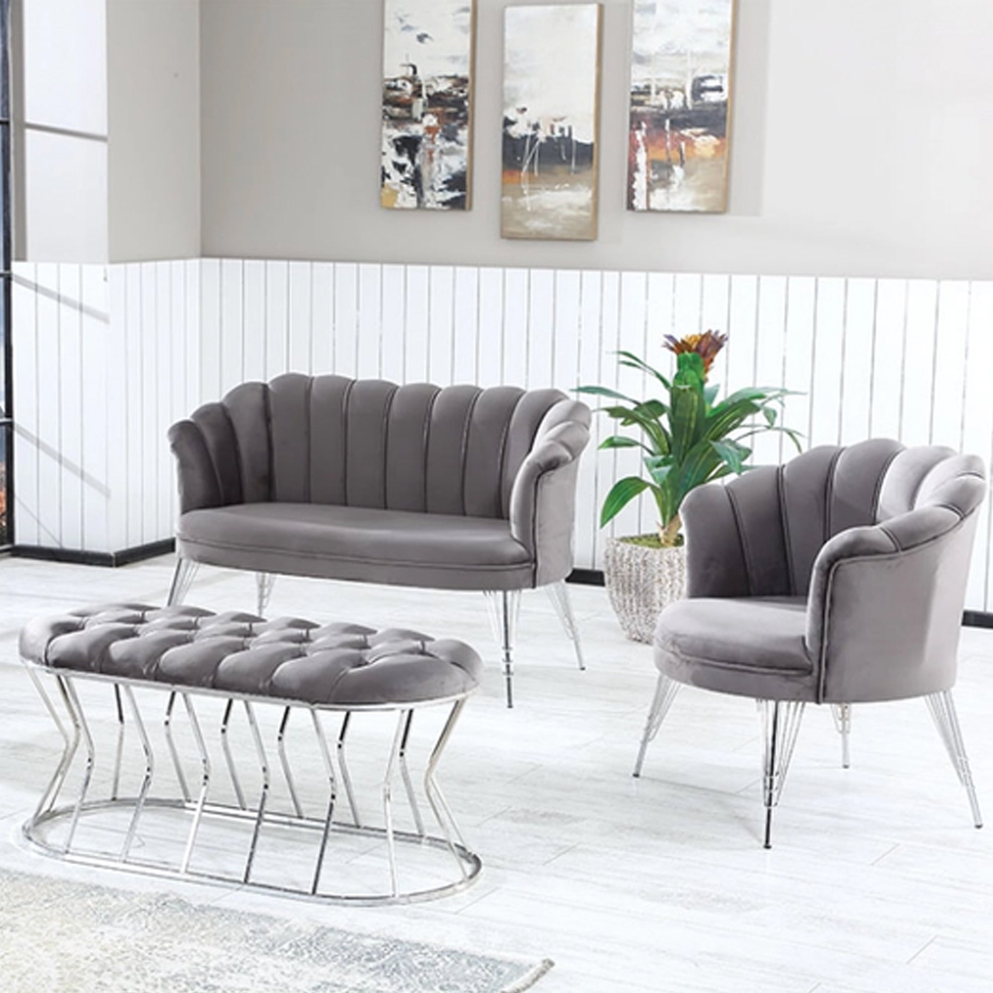 Set Flavia Div 2P+2Poltr+Panca Boucle'Grigio/Cromo