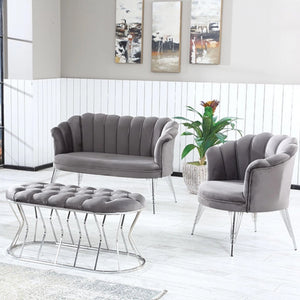 Set Flavia Div 2P+2Poltr+Panca Boucle'Grigio/Cromo