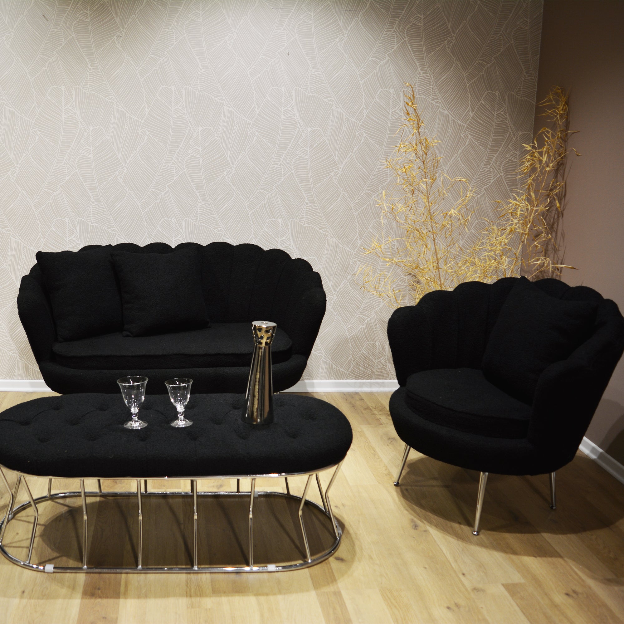 Set Flavia Div 2P+2Poltr+Panca Boucle' Nero/Cromo