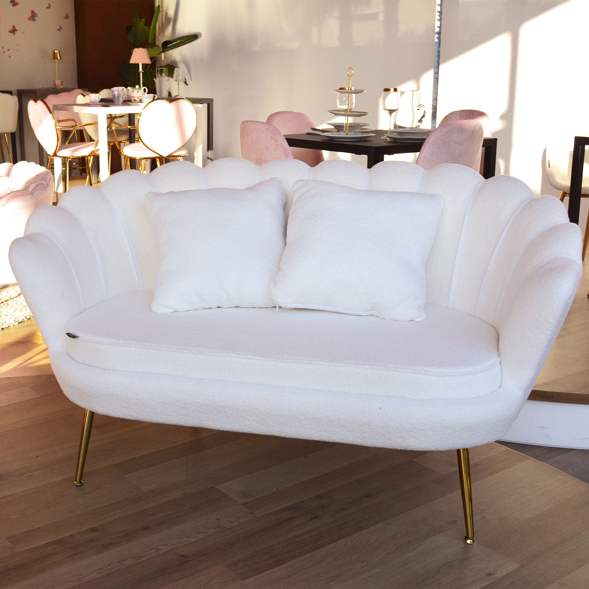 Divano 2P Shelly Boucle' Panna/Cromo Oro C/2Cuscini