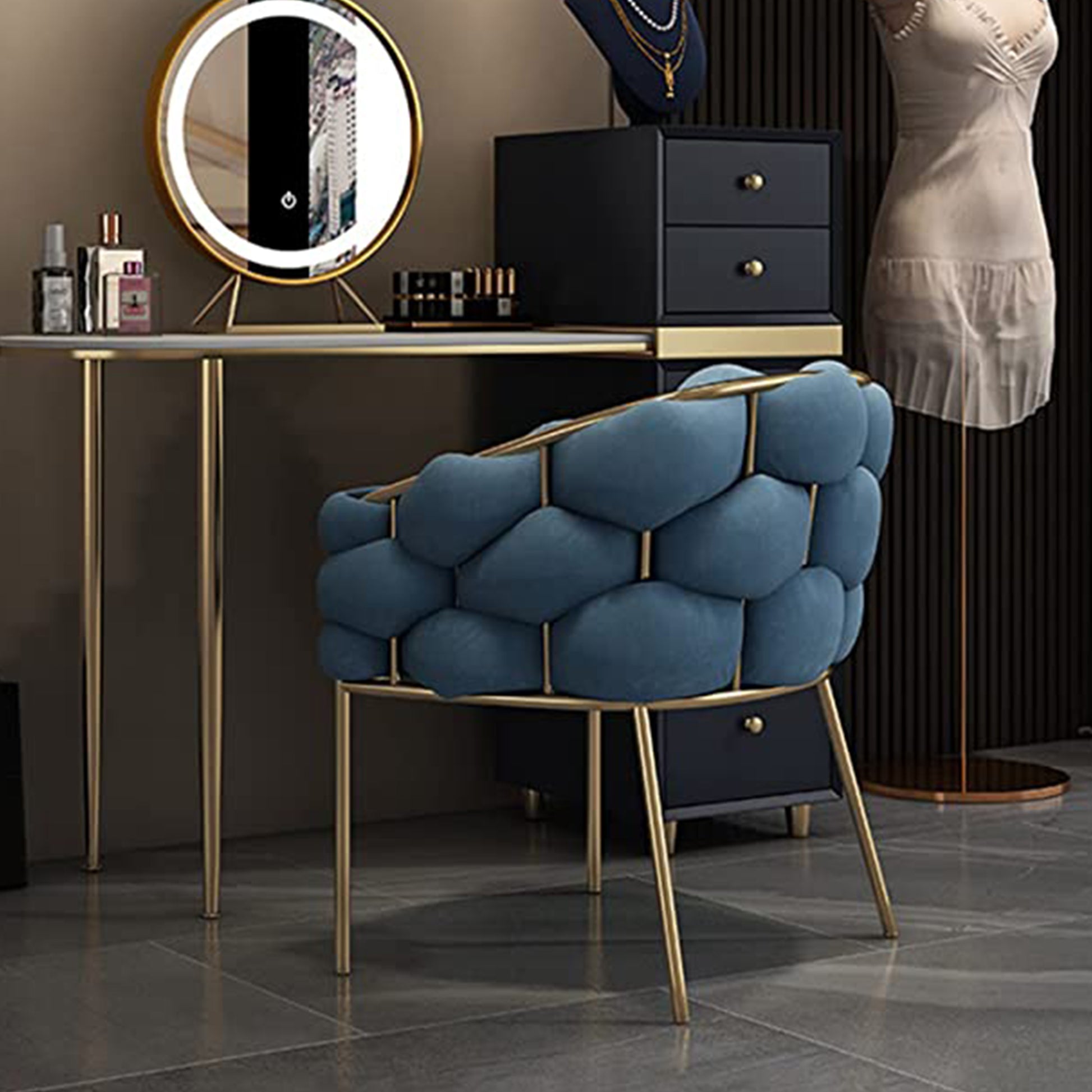 Set Da 2, Poltrona Florence Velluto Blue Gambe Oro