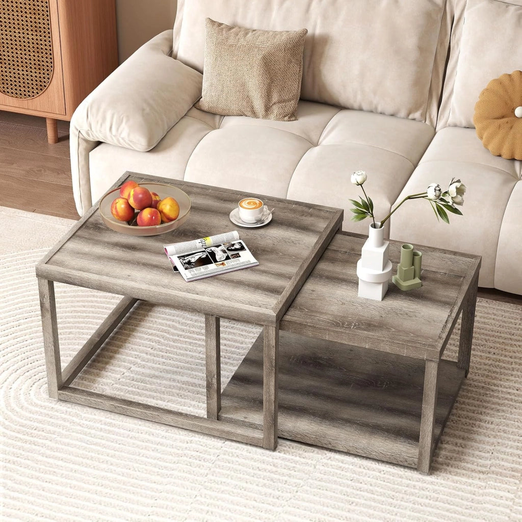 Set di 2 Tavolini Impilabili da Salotto con Ripiano e Struttura in Legno di Gomma, Tavolini Sovrapponibili con Stile Rustico per Soggiorno, Sala d'Attesa e Ufficio, Grigio