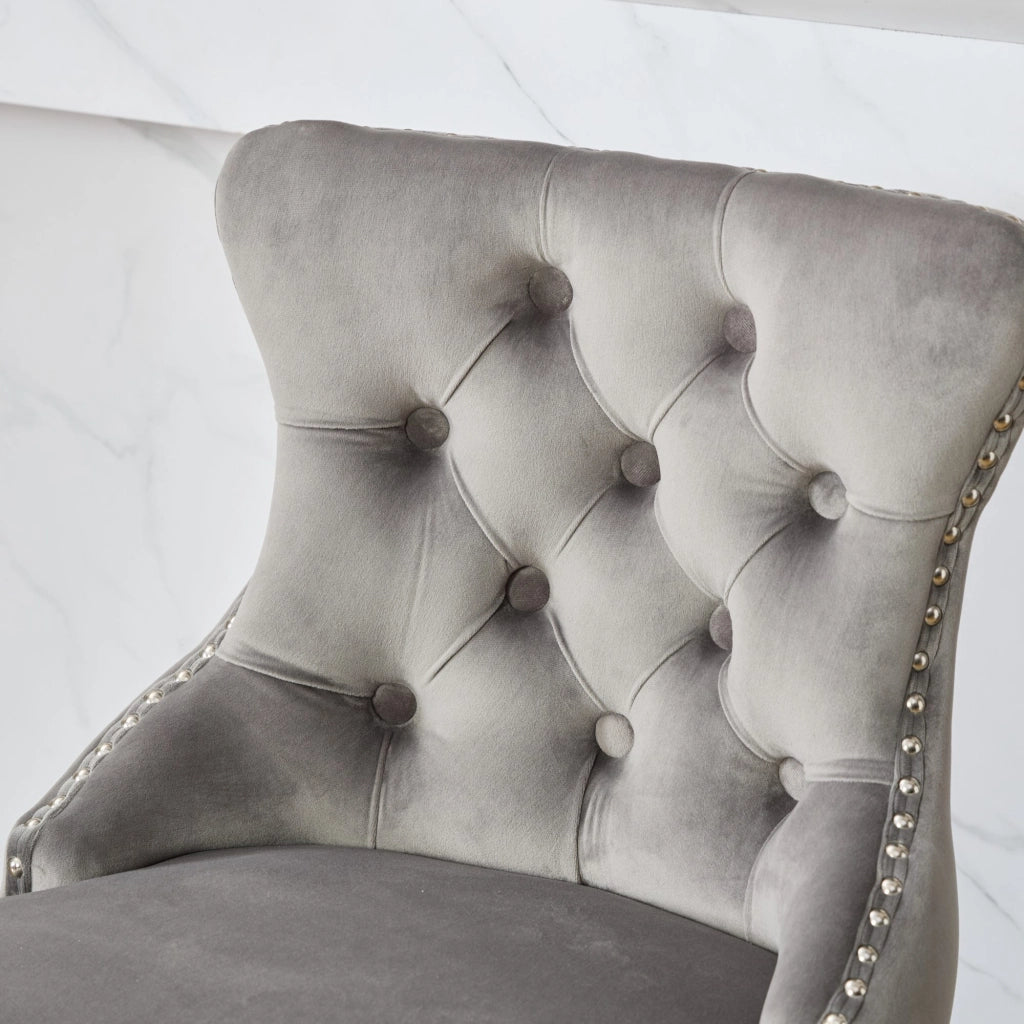 Sgabello da bar girevole in velluto con seduta a 360 gradi, schienale curvo e gambe in legno, grigio
