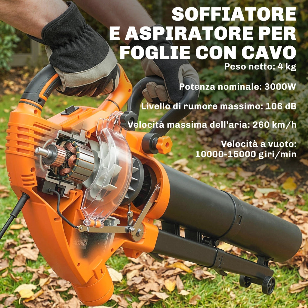 3-in-1 Soffiatore, Aspiratore, Trituratore per Foglie 3000W, Leggero